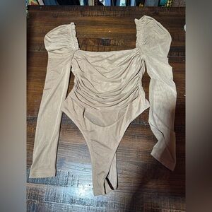 Fashion Nova Mocha Ruched Mesh Bodysuit